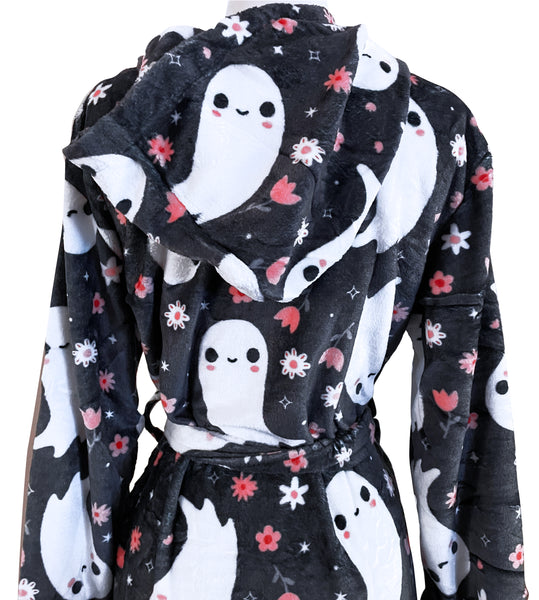 Hooded Floral Ghosts Fleece Robe - Sizes S to 3X