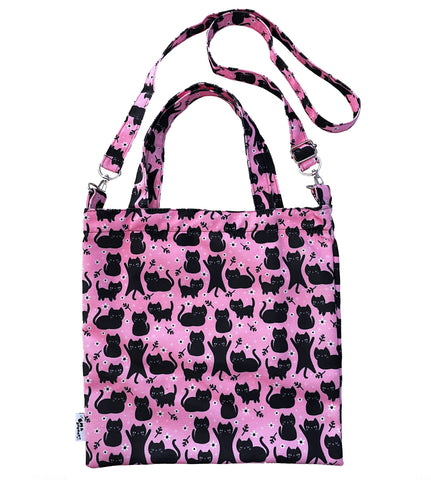 Pink Floral Cats Canvas Convertible Tote Bag