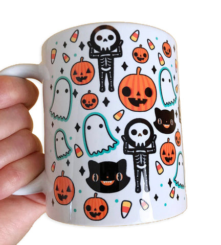 Cute Halloween Mug - Skeleton Jack O Lantern Ghost Candy