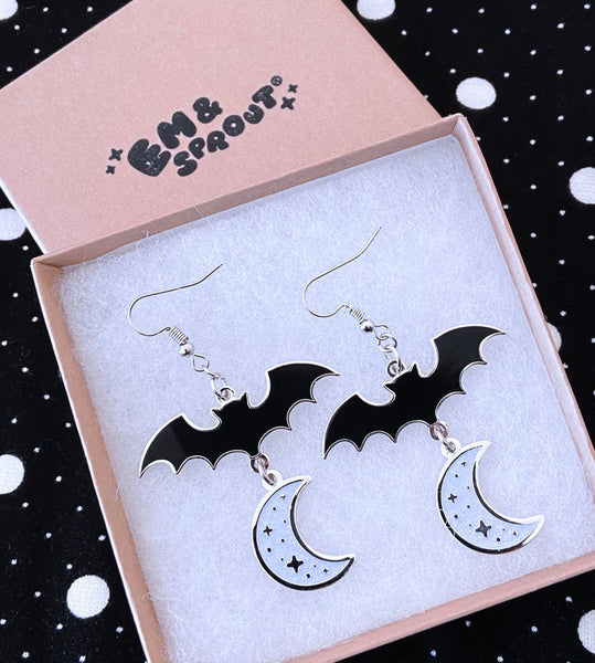 Bat and Moon Glitter Enamel Earrings
