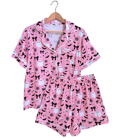Creepin it Pink Button Down Pajamas Shorts and Top Set
