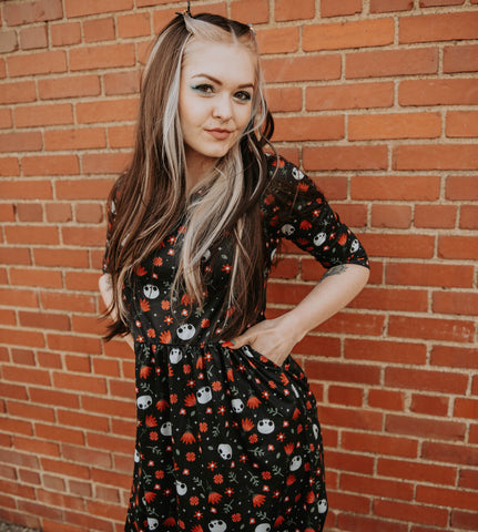 Floral Skull 3/4 Sleeve Midi Dress - Available in sizes S to 4X