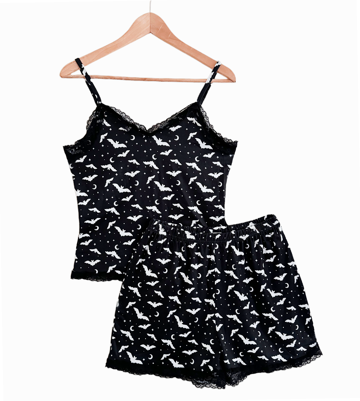 Black Bat Lace Trimmed Pajamas - Tank Top & Shorts Set