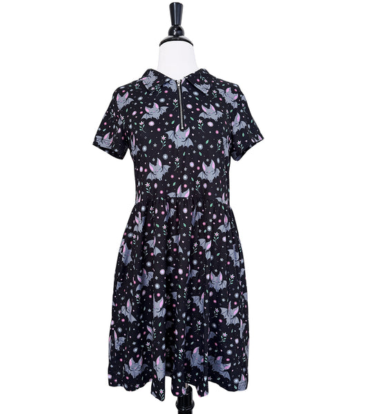 Floral Bats Zipper Babydoll Dress - Available in sizes S to 4X