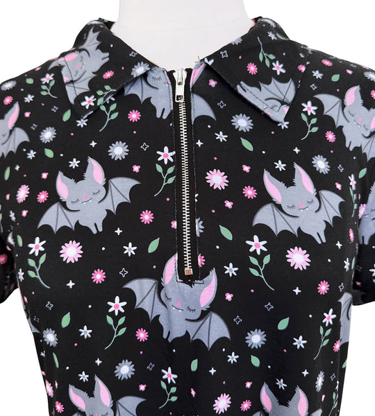Floral Bats Zipper Babydoll Dress - Available in sizes S to 4X