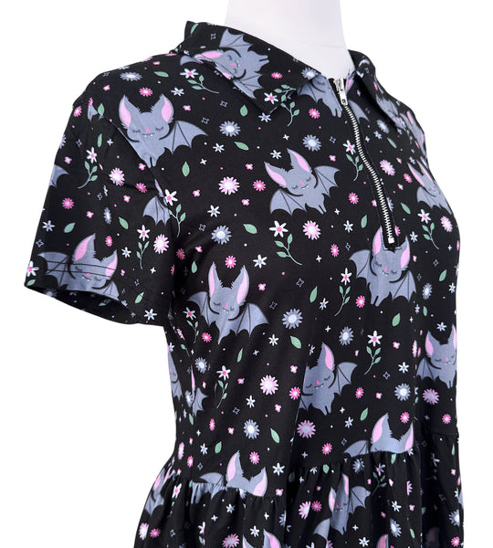 Floral Bats Zipper Babydoll Dress - Available in sizes S to 4X