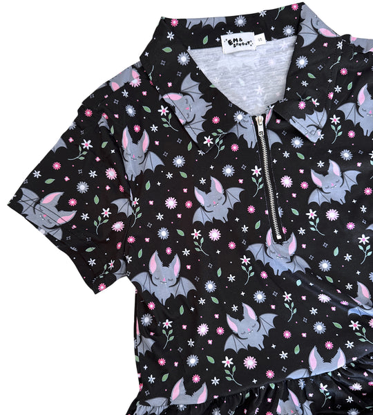 Floral Bats Zipper Babydoll Dress - Available in sizes S to 4X