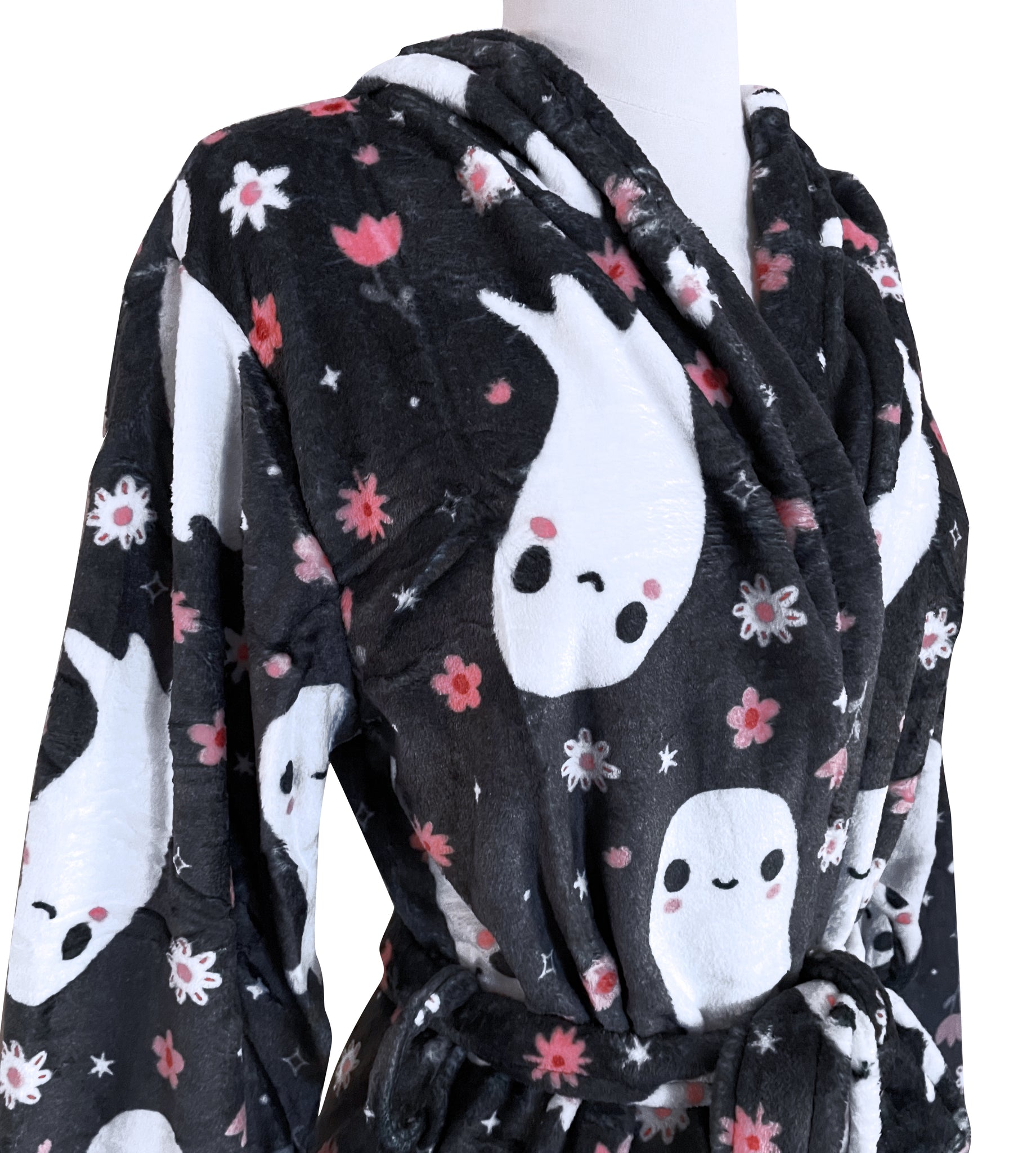 Hooded Floral Ghosts Fleece Robe - Sizes S to 3X