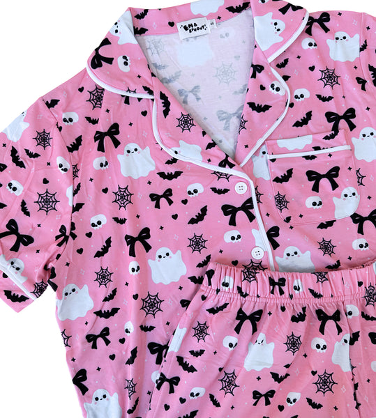 Creepin it Pink Button Down Pajamas Shorts and Top Set