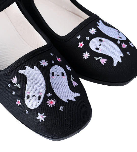 Floral Ghosts Embroidered Flats - Mary Jane Shoes