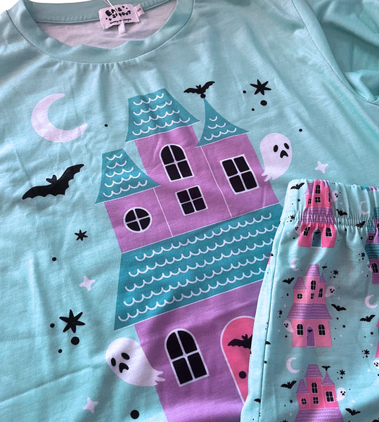 Pastel Haunted House Pajama Set - Shorts and Shirt