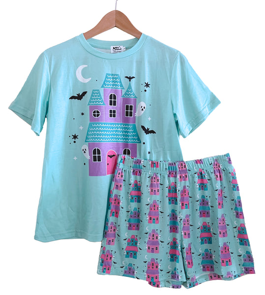 Pastel Haunted House Pajama Set - Shorts and Shirt