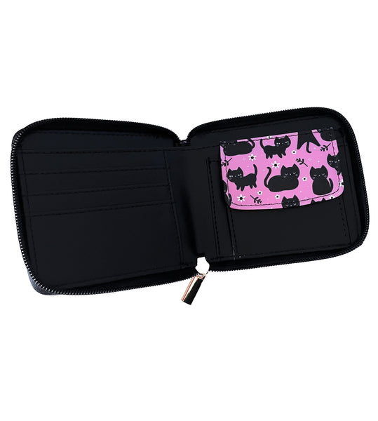 Pink Floral Cats Zippered Bifold Wallet