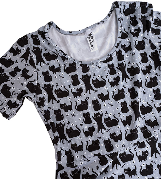 Floral Cats Skater Dress - Available in sizes S to 3X