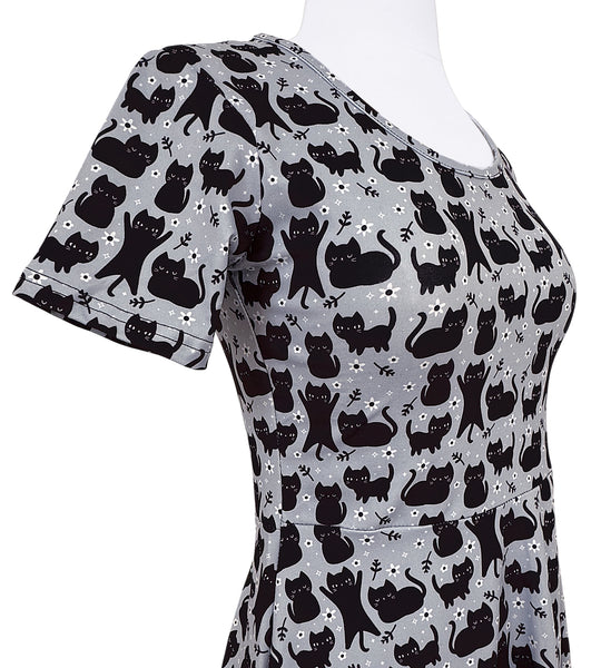 Floral Cats Skater Dress - Available in sizes S to 3X