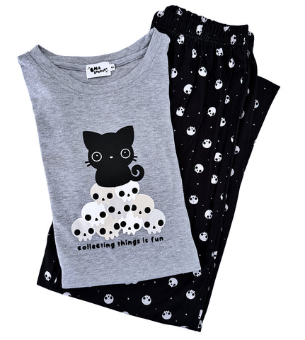 Black Cat Collecting Things Pajamas Pants and Top Set
