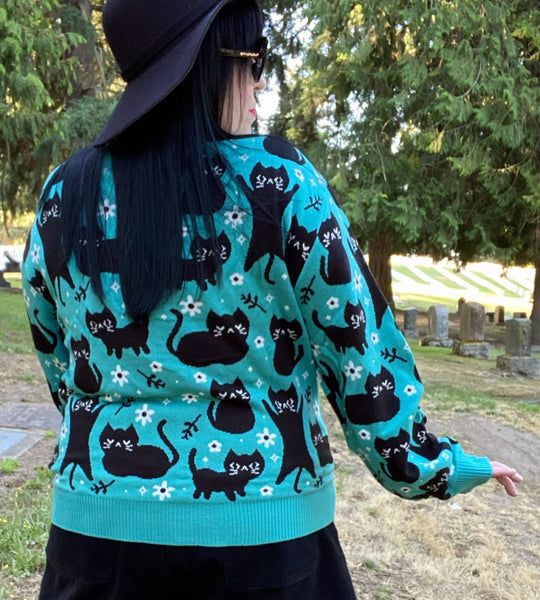 Floral Cats Knit Cardigan Sweater - Ladies Sizes S-3X