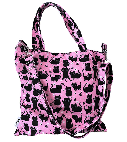 Pink Floral Cats Canvas Convertible Tote Bag