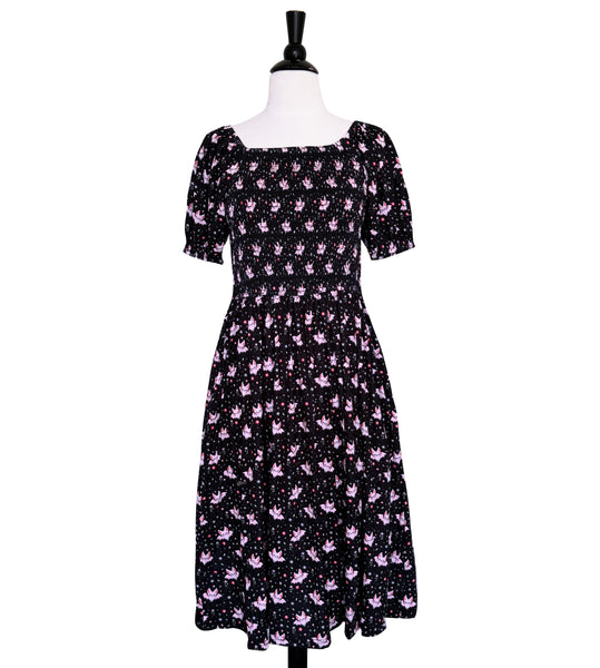 Floral Bat Smocked Midi Dress - Available in sizes S to 4X