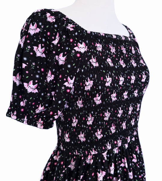 Floral Bat Smocked Midi Dress - Available in sizes S to 4X