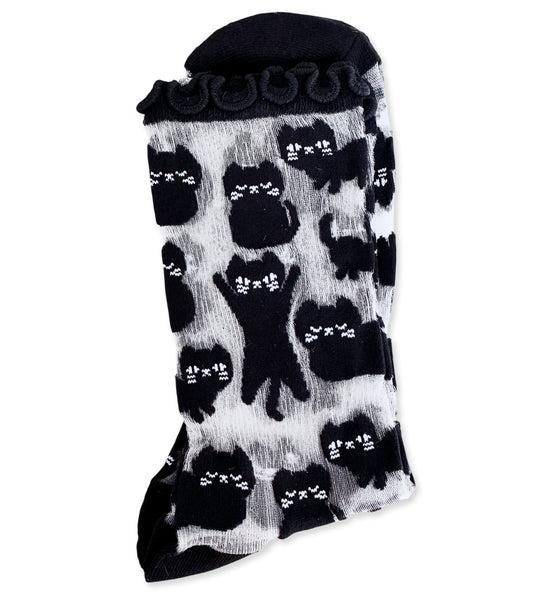 SHEER Black Cat Lettuce Edge Socks