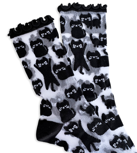 SHEER Black Cat Lettuce Edge Socks
