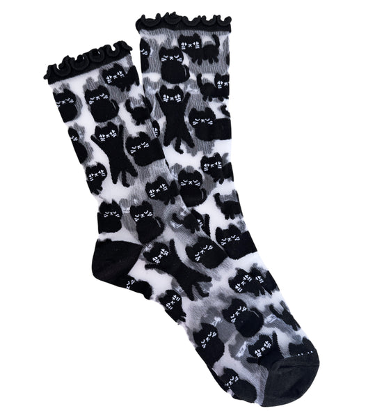 SHEER Black Cat Lettuce Edge Socks