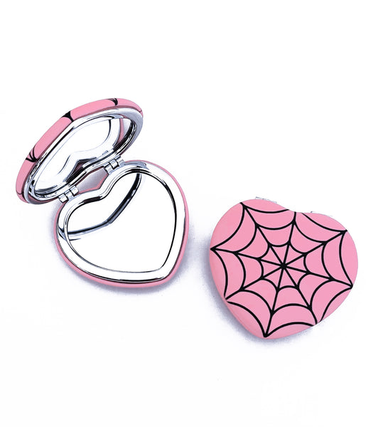 Pink Spiderweb Heart Pocket Mirror