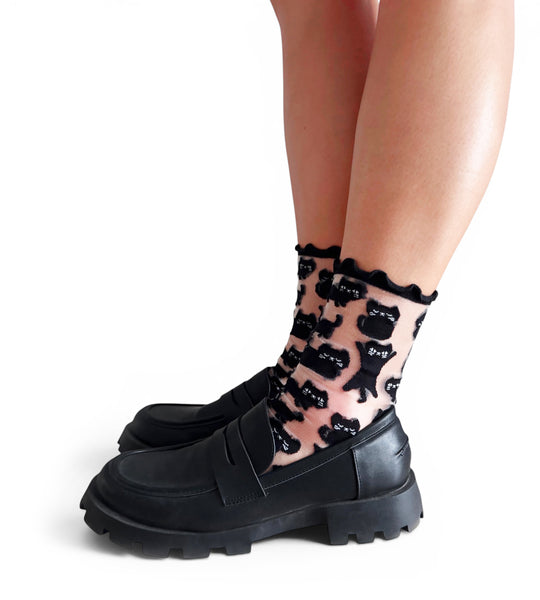 SHEER Black Cat Lettuce Edge Socks
