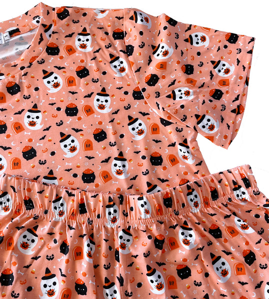 Orange Witchy Ghost Pajamas Set - Shorts and Shirt