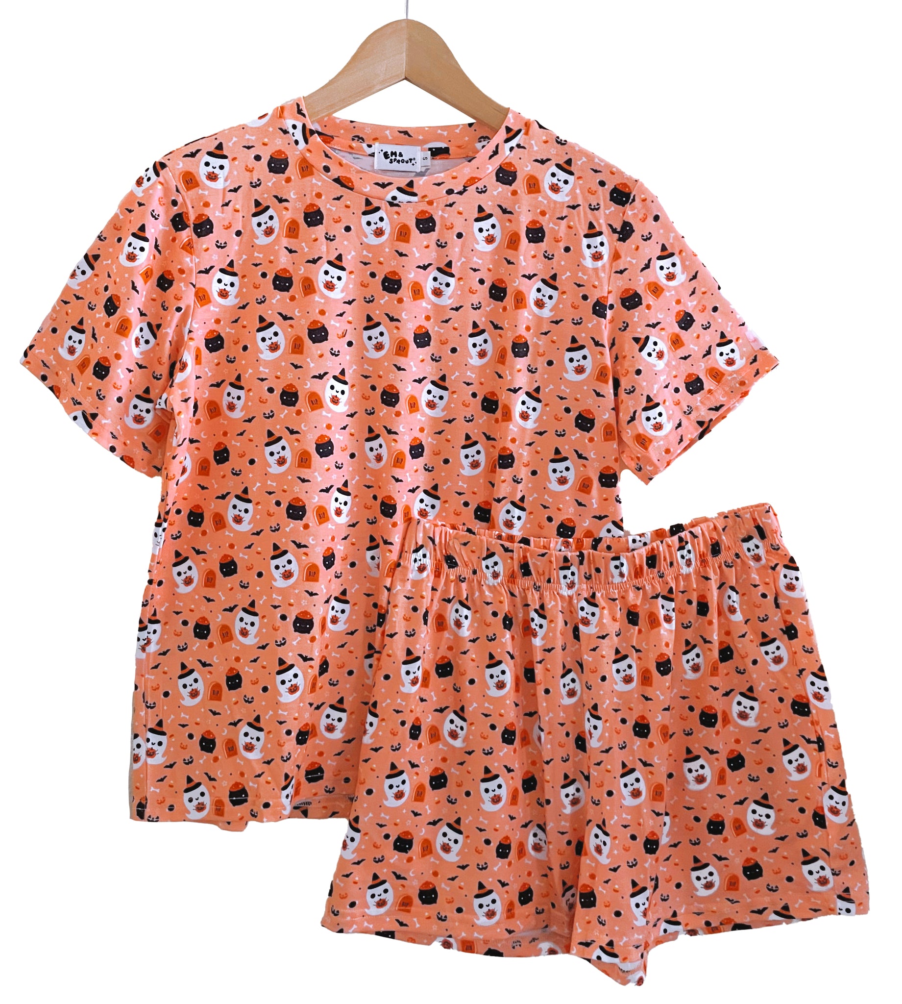 Orange Witchy Ghost Pajamas Set - Shorts and Shirt