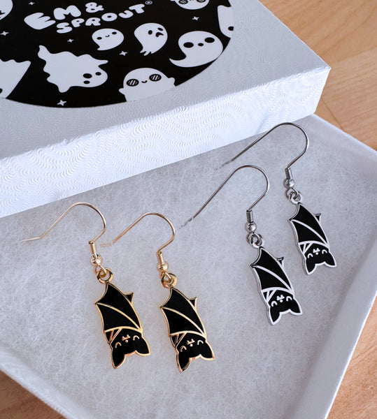 Hanging Bat Earrings - Silver