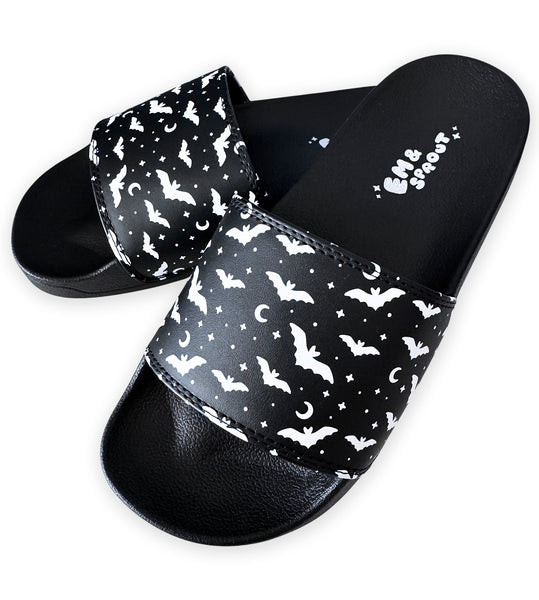 Black & White Bat Slides Womens Sizes 6 - 11