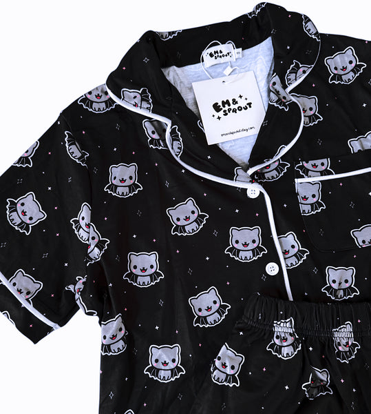 Bat Cat Button Down Pajamas Shorts and Top Set