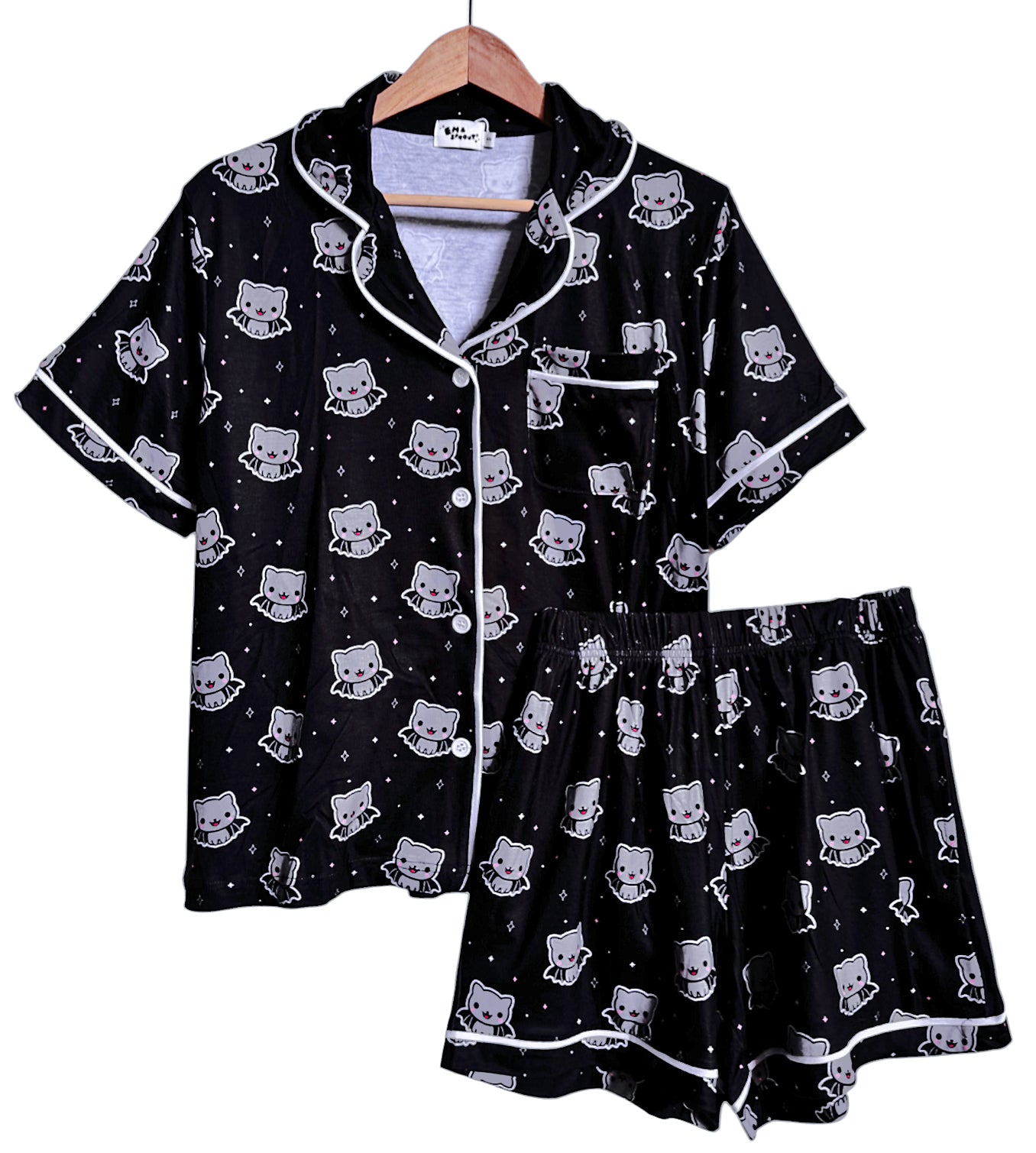 Bat Cat Button Down Pajamas Shorts and Top Set