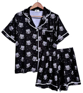 Bat Cat Button Down Pajamas Shorts and Top Set