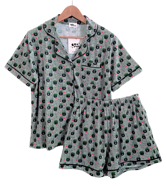 Plant Cauldron Button Down Pajamas Shorts and Top Set