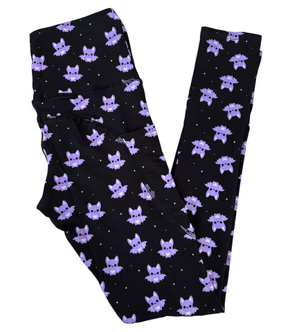 Purple Kawaii Bat Pocket Athletic Leggings - Sizes S through 3X