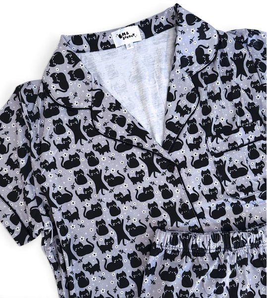 Floral Cats Button Down Pajamas Shorts and Top Set