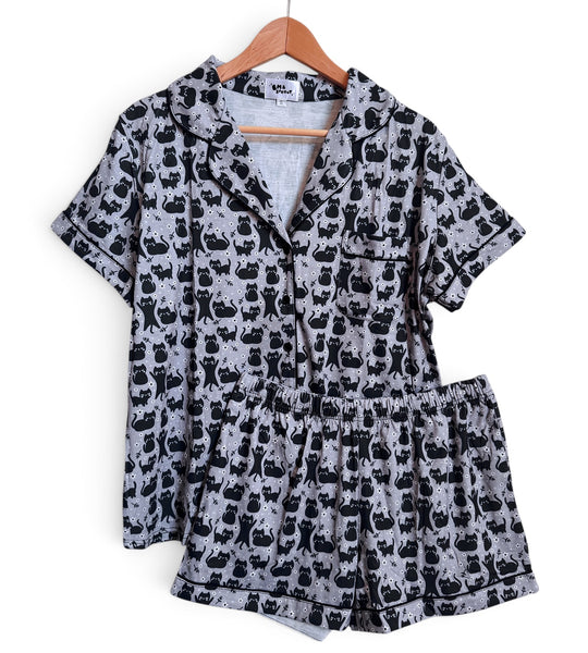 Floral Cats Button Down Pajamas Shorts and Top Set