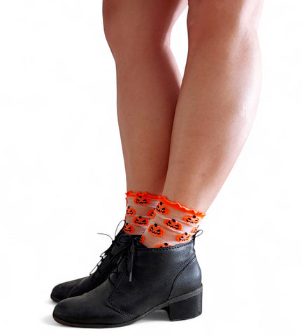 SHEER Jack-O-Lantern Lettuce Edge Socks