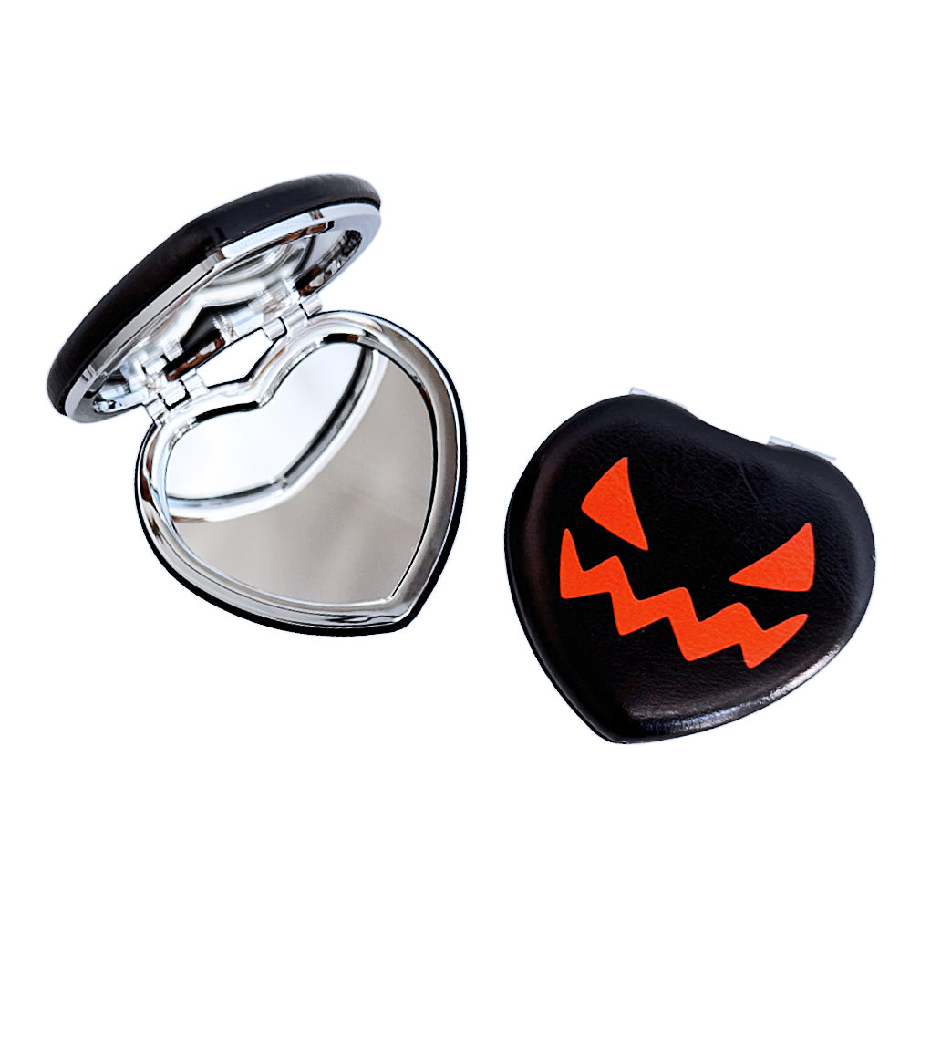 Black & Orange Heart Jack O Lantern Heart Pocket Mirror