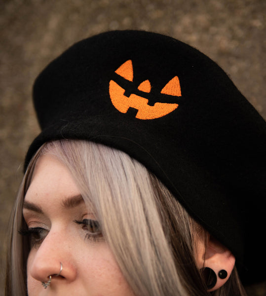 Pumpkin Jack O Lantern Beret - Black Beret Hat