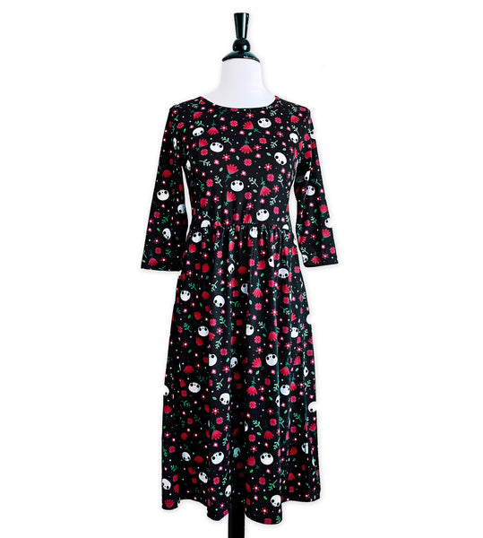 Floral Skull 3/4 Sleeve Midi Dress - Available in sizes S to 4X