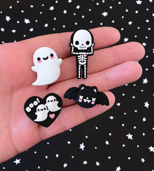 Spooky Shoe Charms Set - Ghost, Skeleton, Bat and Boo Heart.